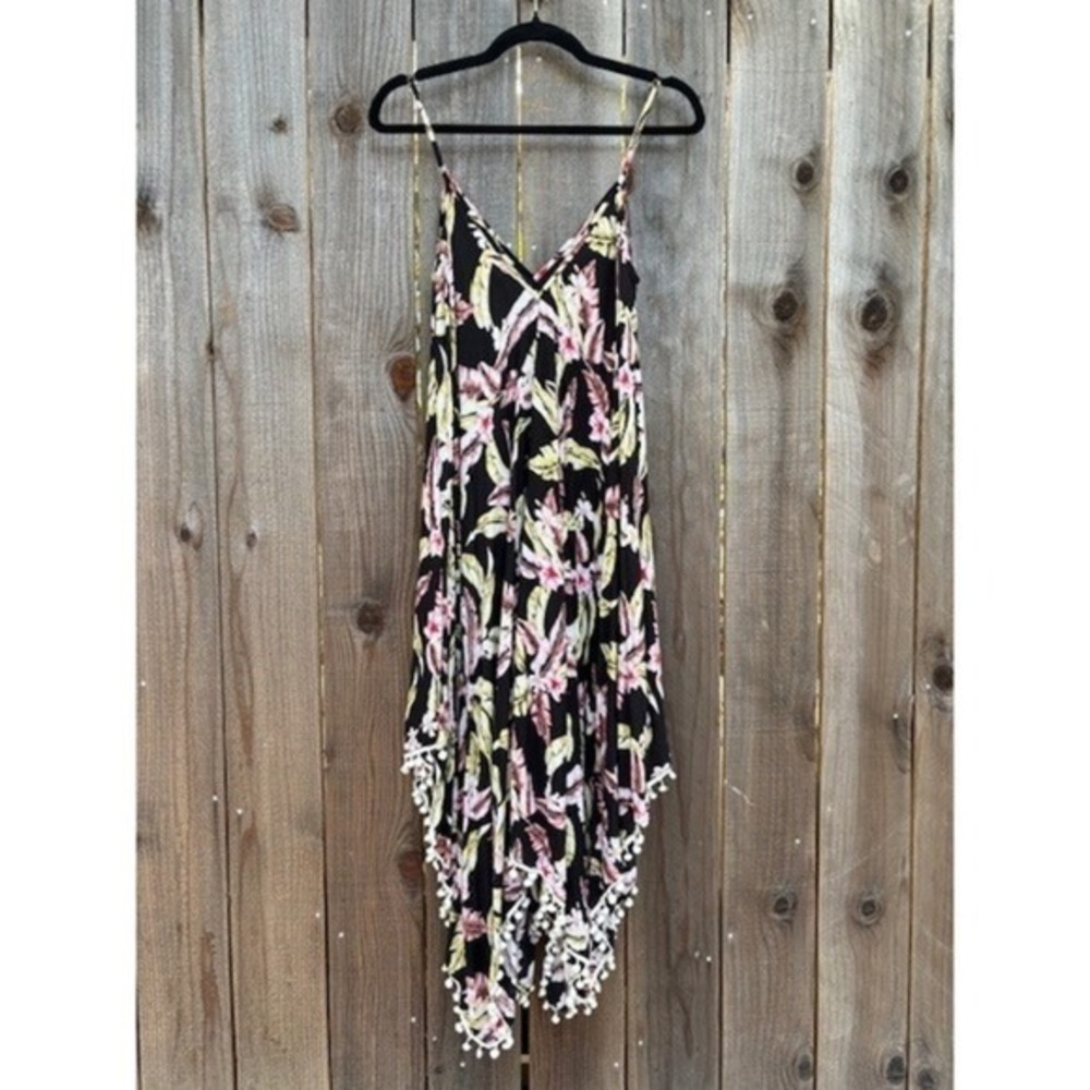 Goa Beachwear‎ by Japna Dress Black Floral Palm Pom Pom Trim Cover Up